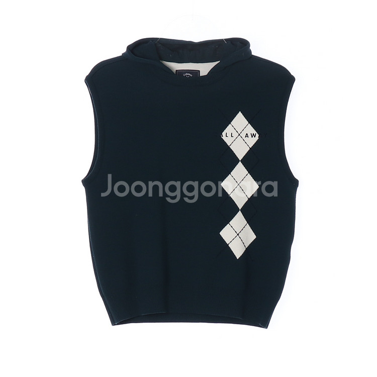 [S]캘러웨이 그린 아가일 체크 로고 후드 민소매 니트--0