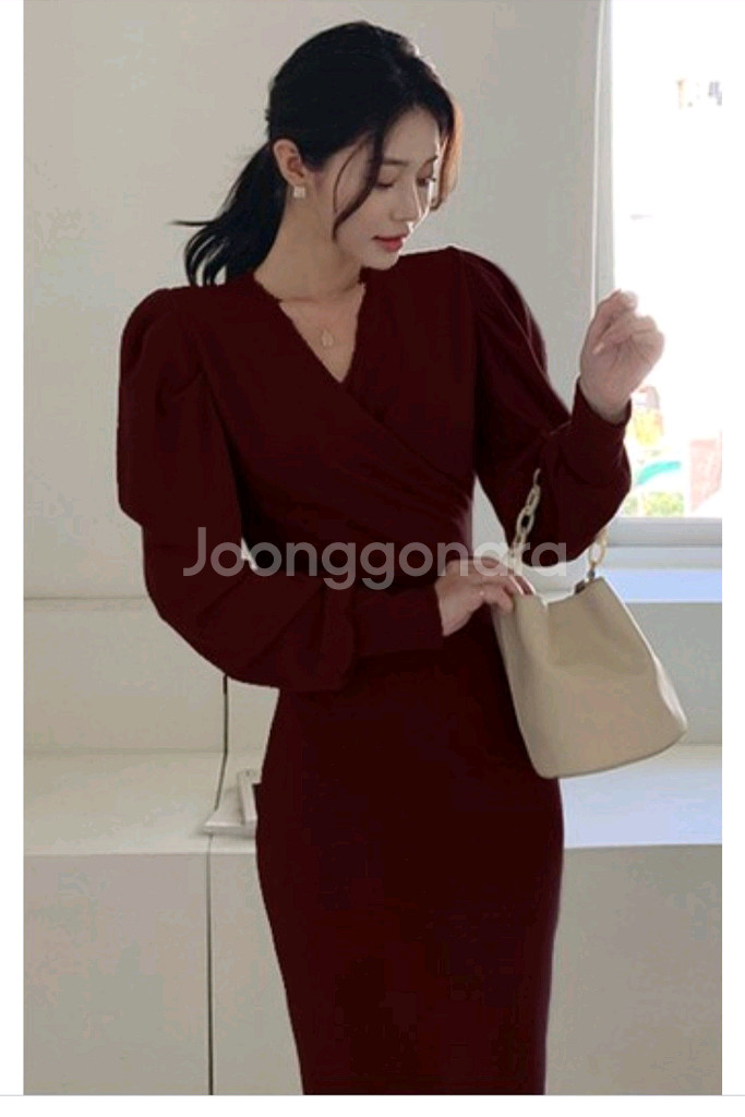 떳다그녀 마리노 브이넥 롱원피스 와인 55-66--4