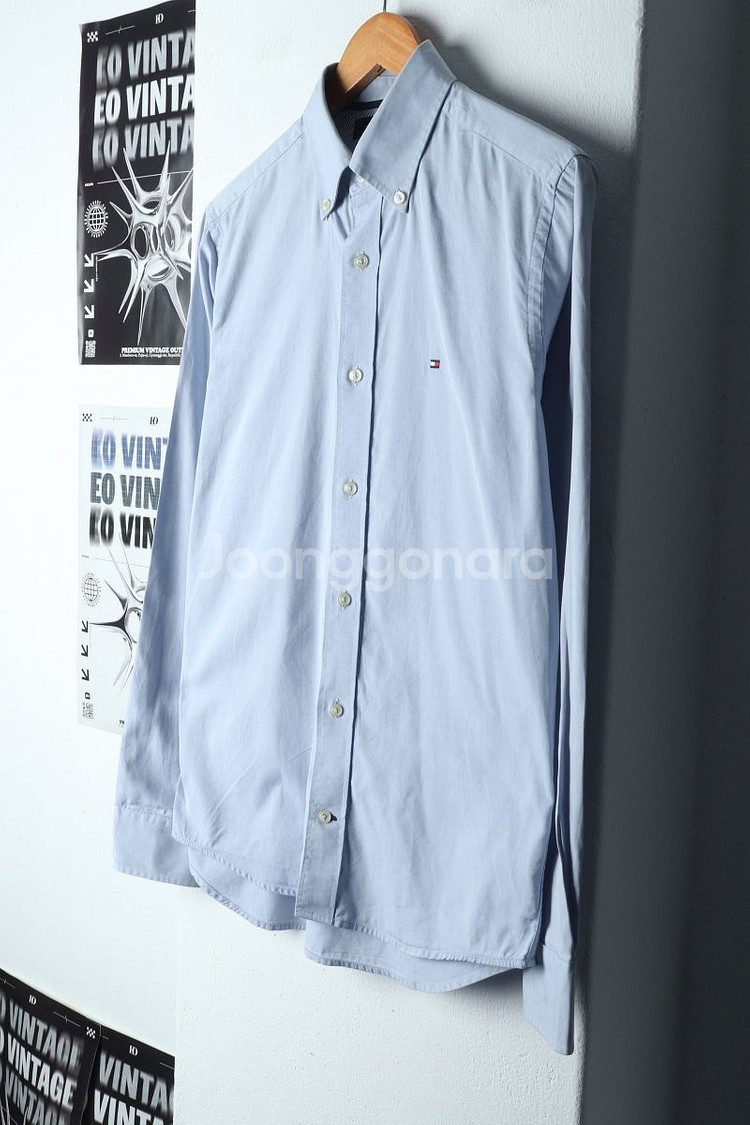 (XS-S) 타미힐피거 셔츠 남방 연블루 무지 솔리드--0