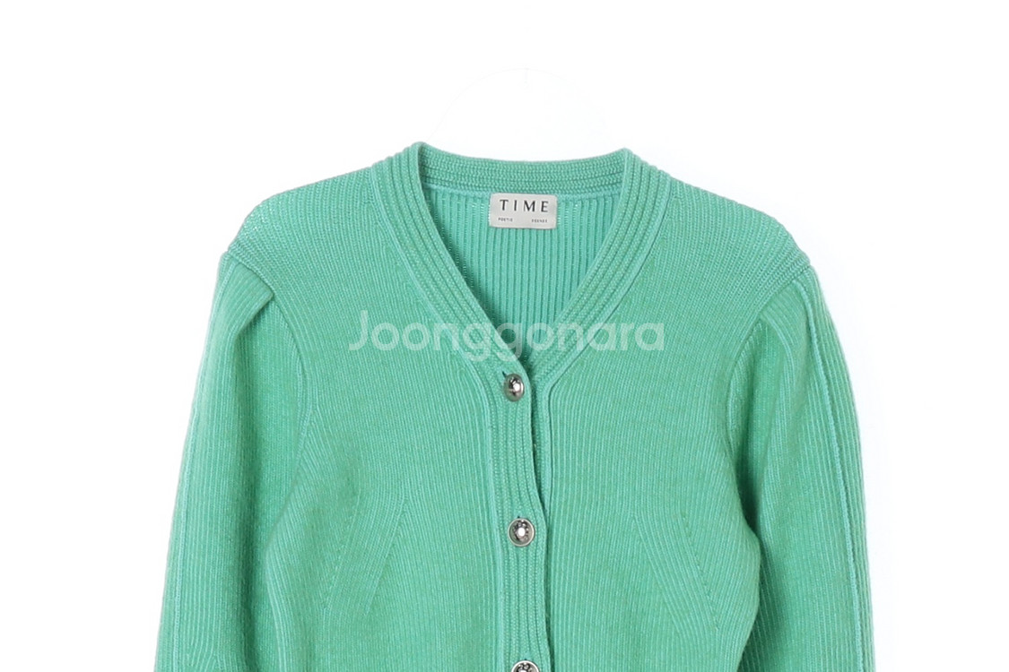 [S]타임 그린 퍼프소매 브이넥 니트 가디건--1