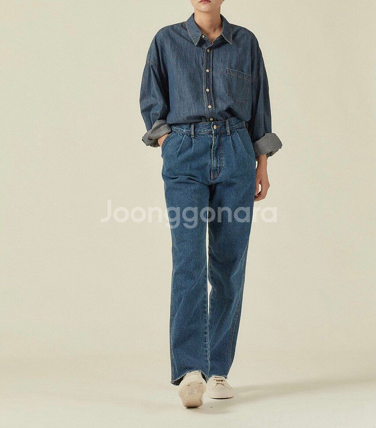 제평 스타더스트 핀턱 데님 팬츠 청바지 롤업 진청 중청--1