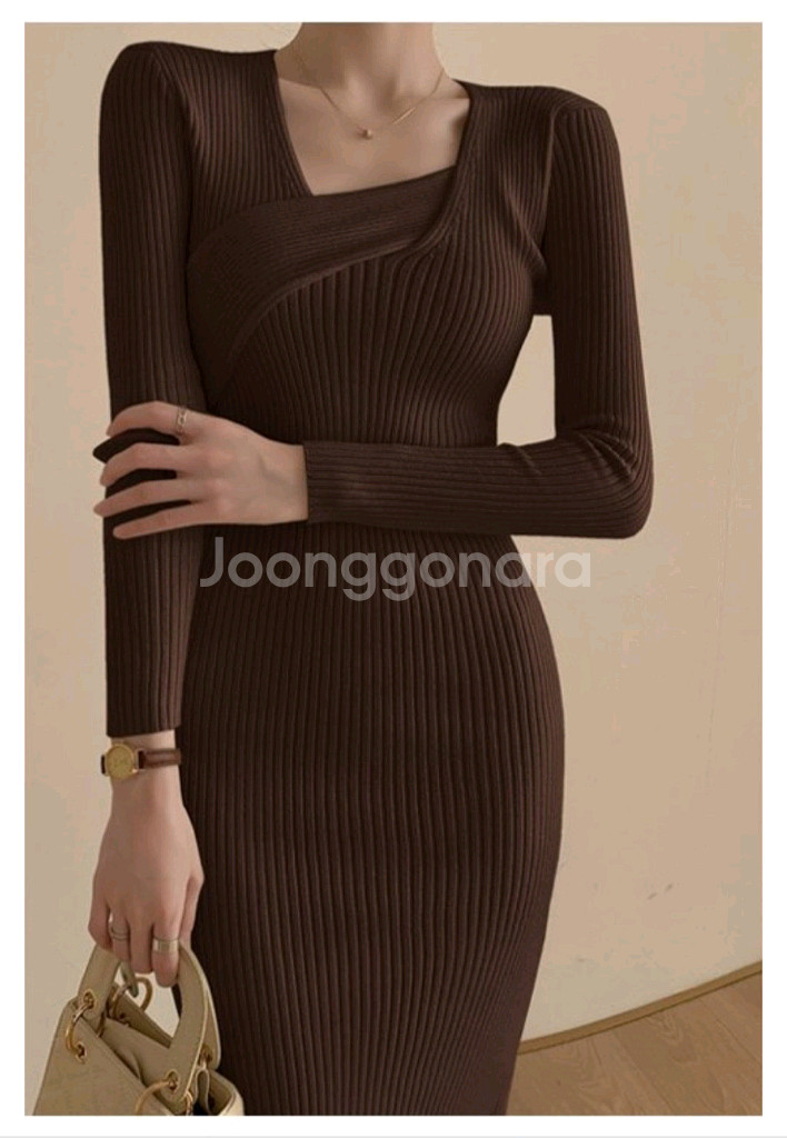 사선 골지 슬림핏 롱 원피스 44-55--2