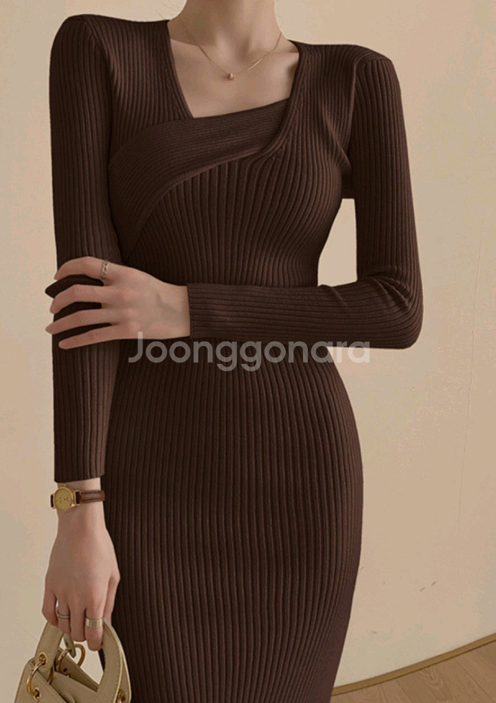 사선 골지 슬림핏 롱 원피스 44-55--3