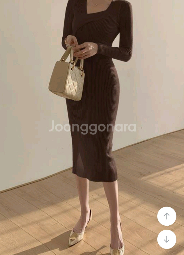 사선 골지 슬림핏 롱 원피스 44-55--7