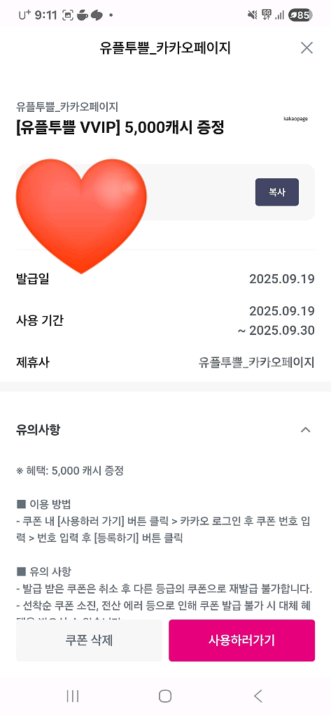 카카오페이지 5000 캐시--0
