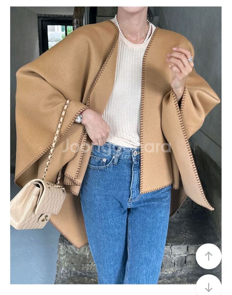 울 핸드메이드 숄 코트 카멜 새상품--5