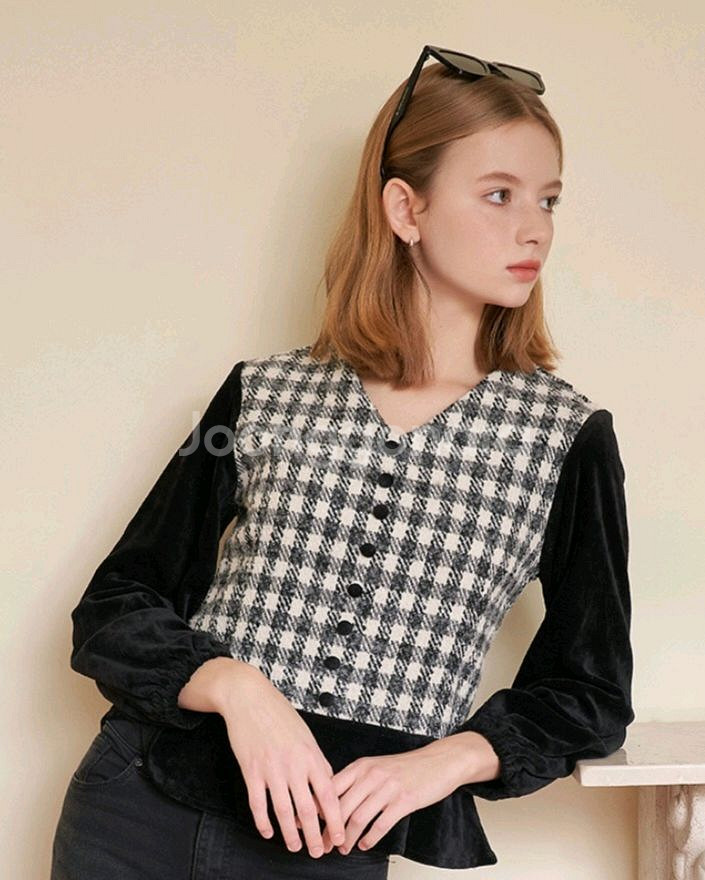 레터프롬문 체크 벨벳 블라우스--1