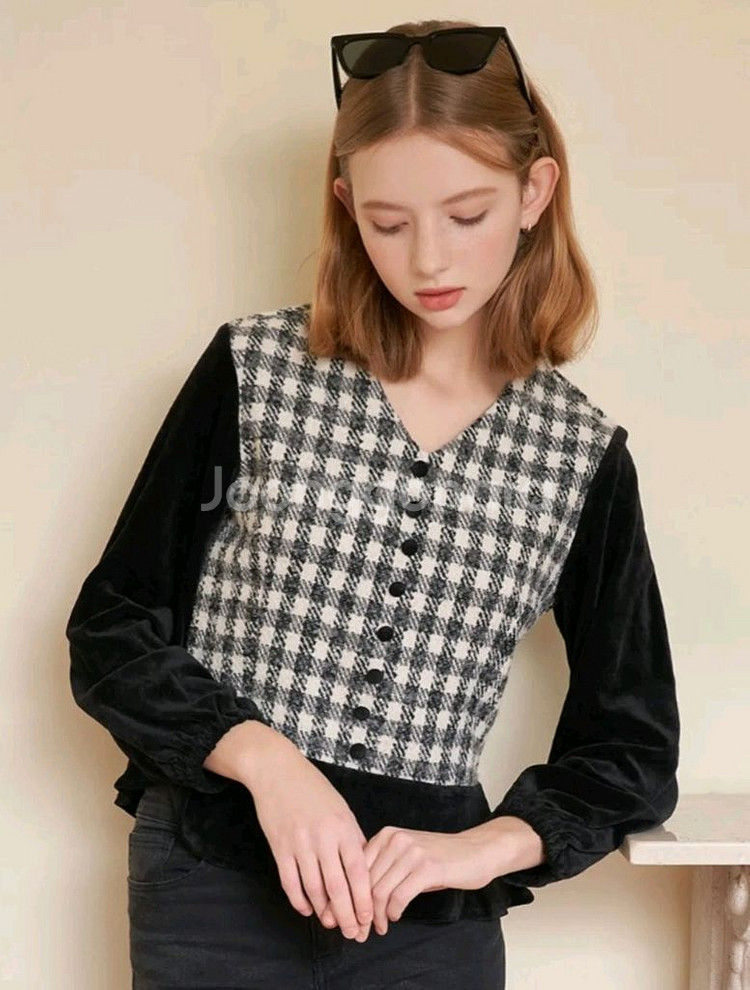 레터프롬문 체크 벨벳 블라우스--2