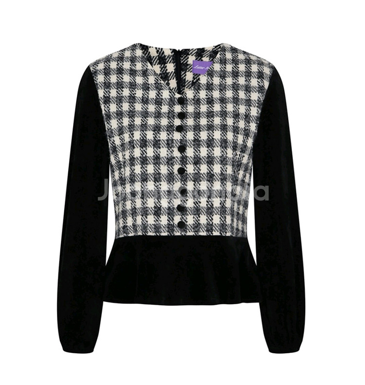 레터프롬문 체크 벨벳 블라우스--6