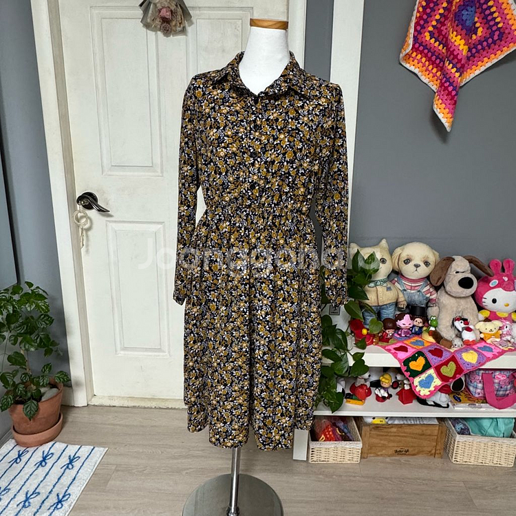 플라워 패턴 긴팔 원피스 프리--0