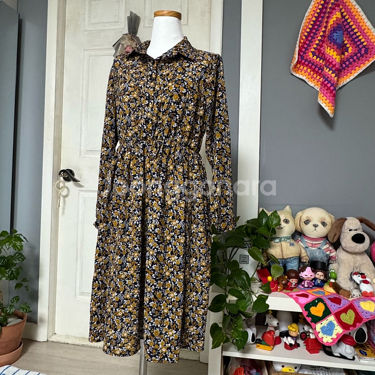 플라워 패턴 긴팔 원피스 프리--2