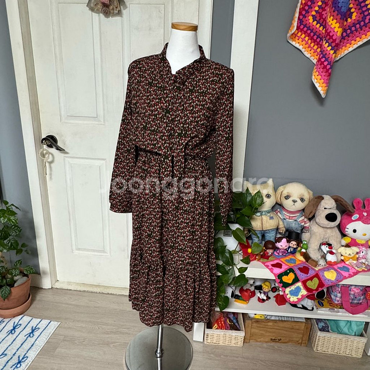 플라워 패턴 긴팔 원피스 프리--8