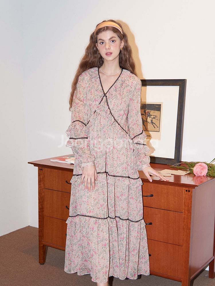 살롱드욘 레이스 포인트 쉬폰 롱 드레스 베이지 택 채--1