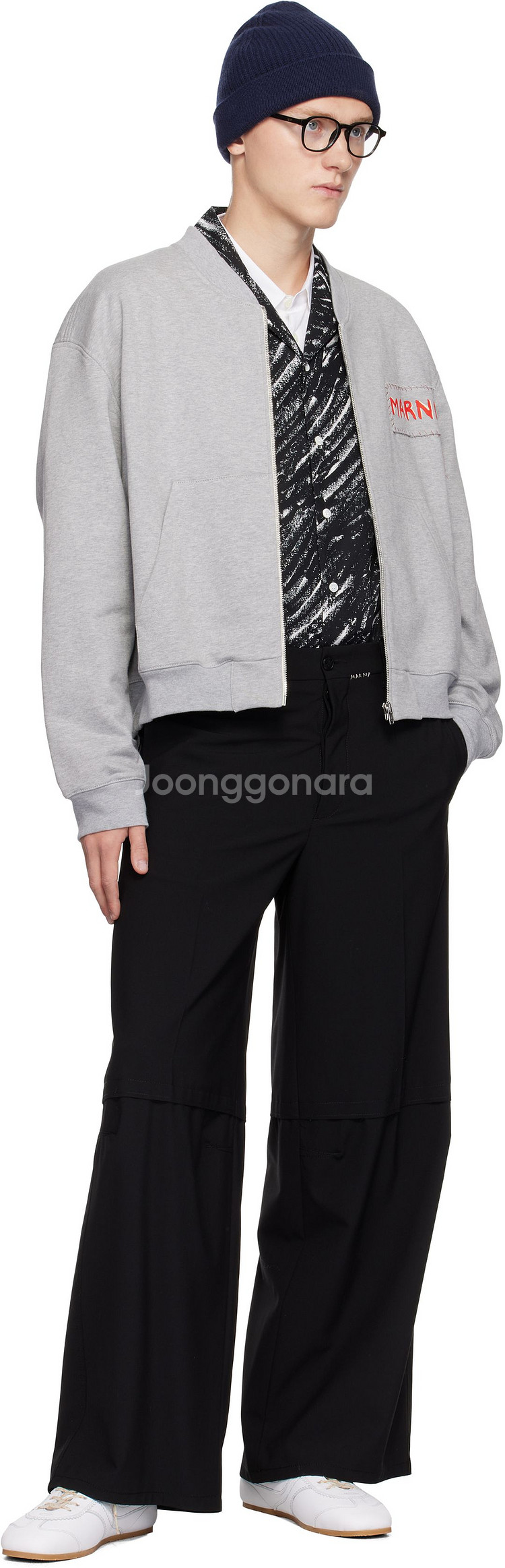 마르니 그레이 로고 패치 집업 스웨트셔츠--1