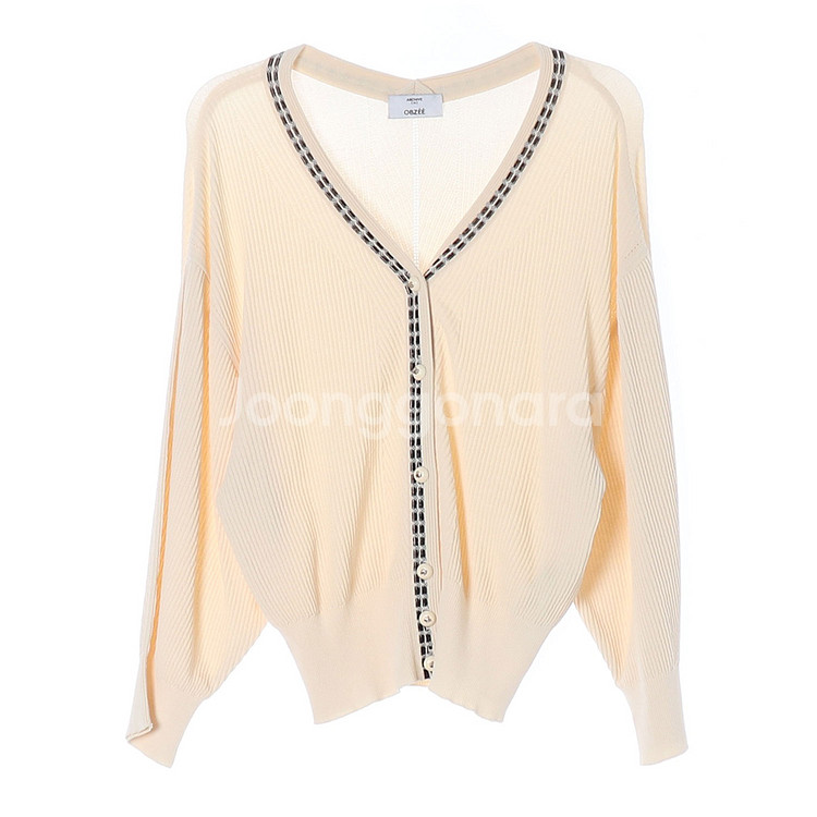 [S]오브제 크림 베이지 골지 브이넥 루즈핏 니트 가디--0