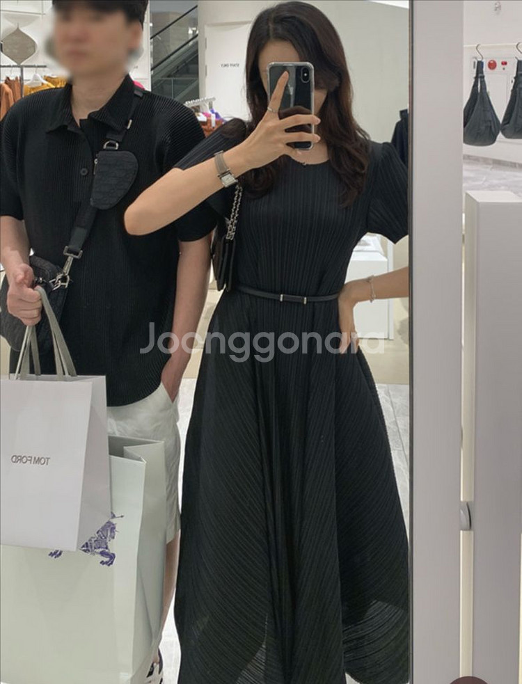 제이드몽 릴리아 볼륨플레어 반팔원피스 블랙+그레이스벨트--5