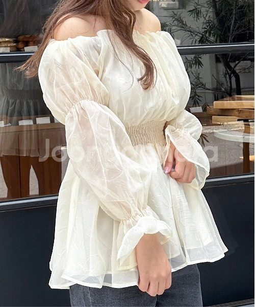 일본브랜드 샤 오프숄더 튜닉 블라우스--2