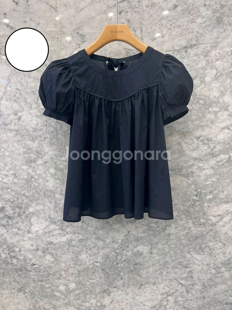 js뉴욕 네이비 뒷리본 셔링 퍼프 블라우스 반팔 여름--0