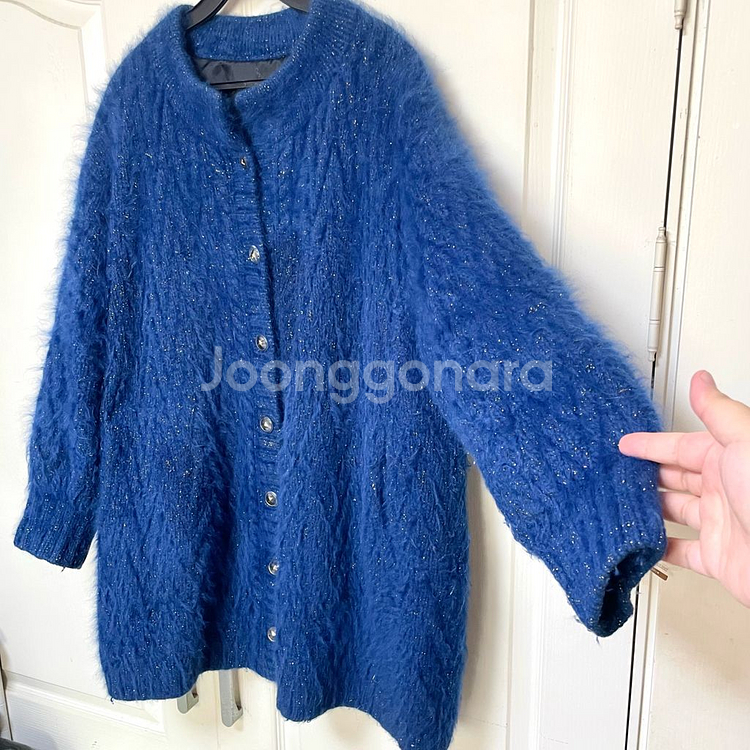 블루 반짝이 앙고라퍼 손뜨개 니트 카디건 자켓 코트88--1