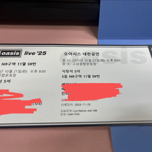 오아시스 내한공연 티켓 양도 2장 연석
