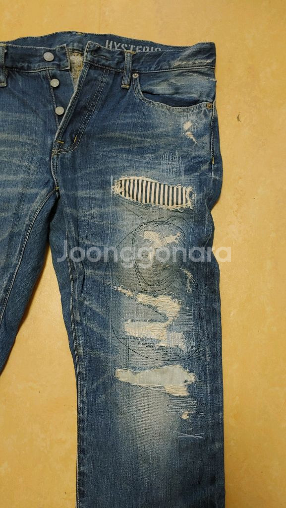 히스테릭 글래머 데미지 가공 블랙 데님 팬츠--3