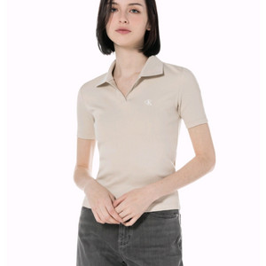 캘빈클라인 베이지 슬림핏 립 브이넥 폴로 티셔츠