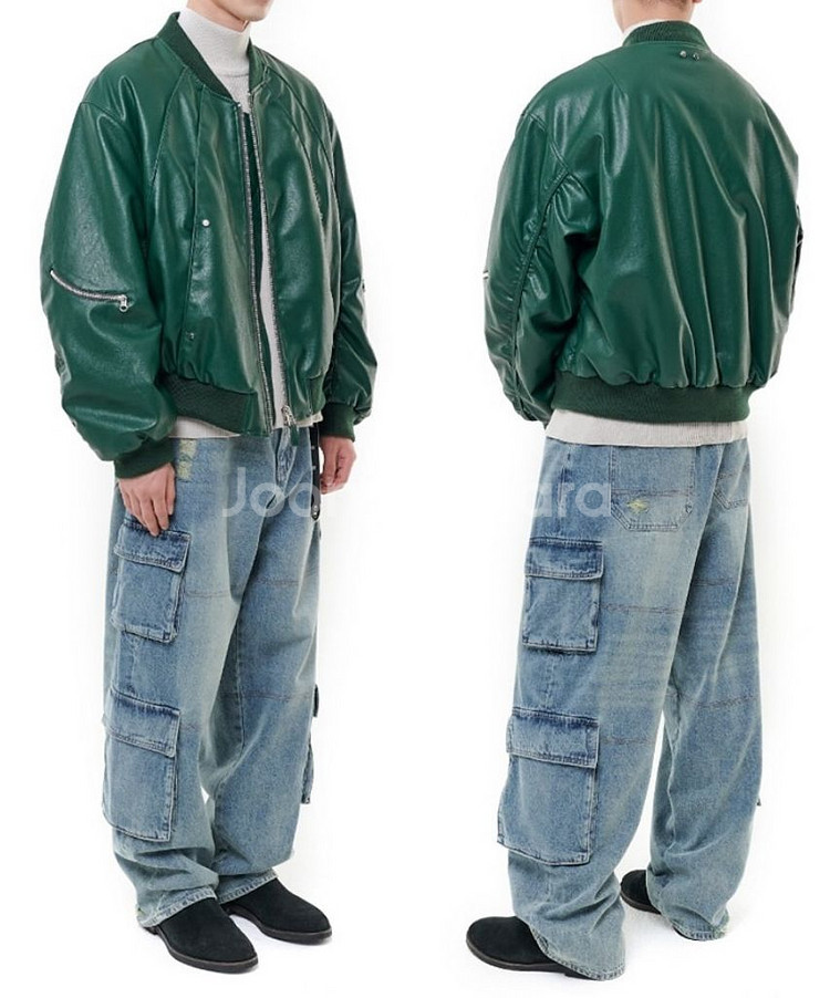 [새상품] 비슬로우 커브드 라인 레더 봄버 자켓 M--0