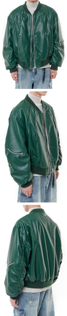 [새상품] 비슬로우 커브드 라인 레더 봄버 자켓 M--2