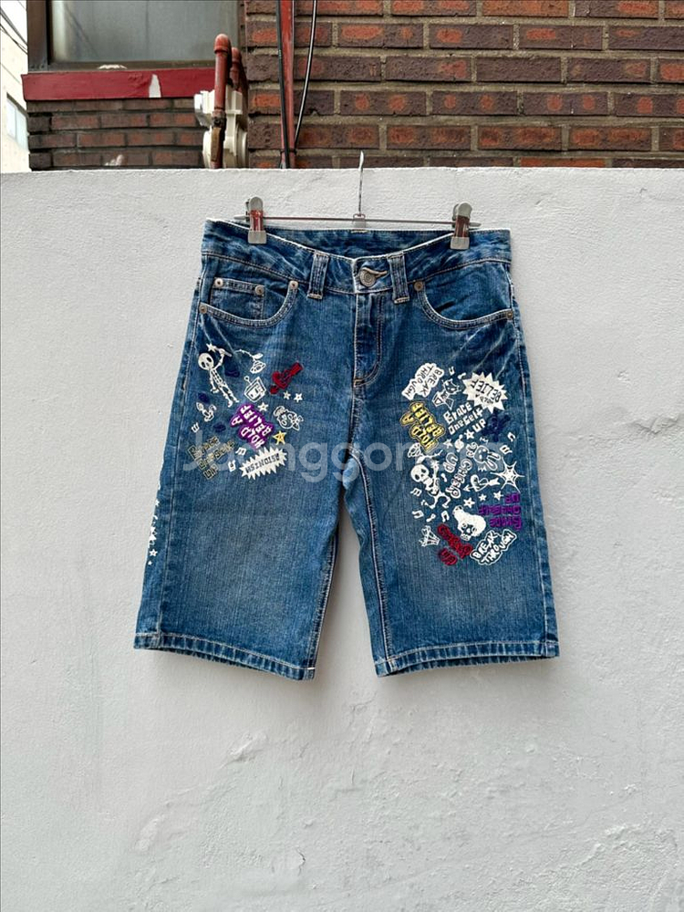 일본빈티지 자수 프린팅 데님 쇼츠 청반바지--0