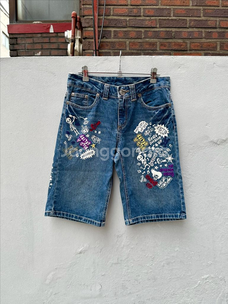 일본빈티지 자수 프린팅 데님 쇼츠 청반바지--7