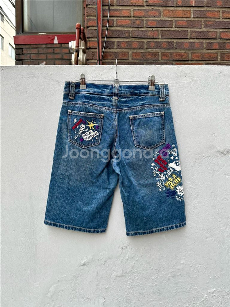 일본빈티지 자수 프린팅 데님 쇼츠 청반바지--8