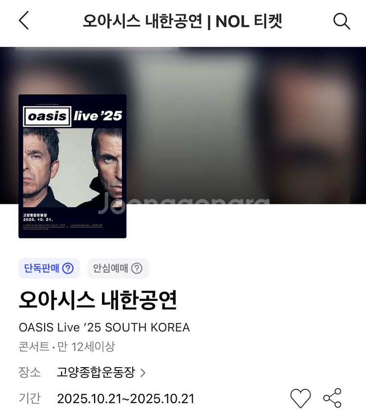 오아시스 내한 공연 콘서트 지정석 R석 티켓 1장 판매--0