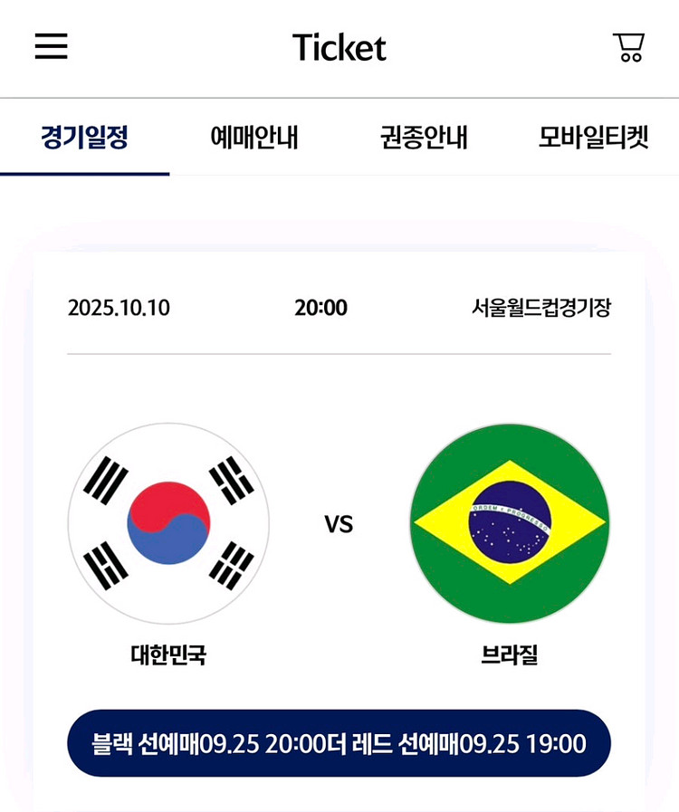 한국 vs 브라질 축구 2등석B 2연석 최저가--0