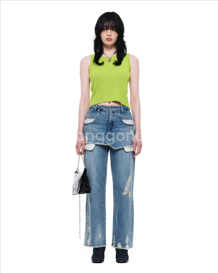 마뗑킴 레이어드 스커트 데님 팬츠 인 블루 S--0