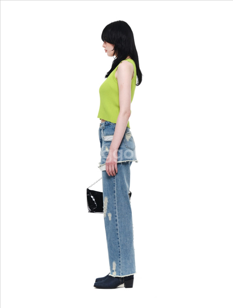 마뗑킴 레이어드 스커트 데님 팬츠 인 블루 S--2