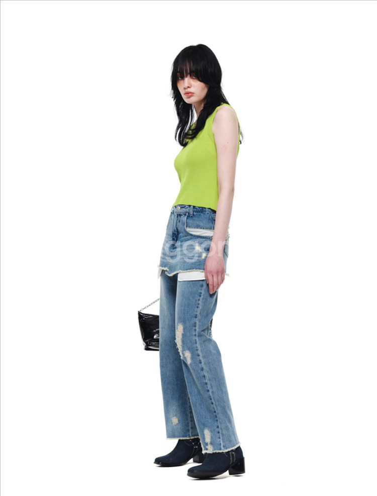 마뗑킴 레이어드 스커트 데님 팬츠 인 블루 S--1