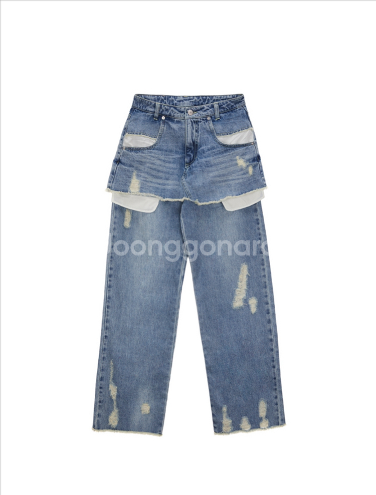 마뗑킴 레이어드 스커트 데님 팬츠 인 블루 S--4