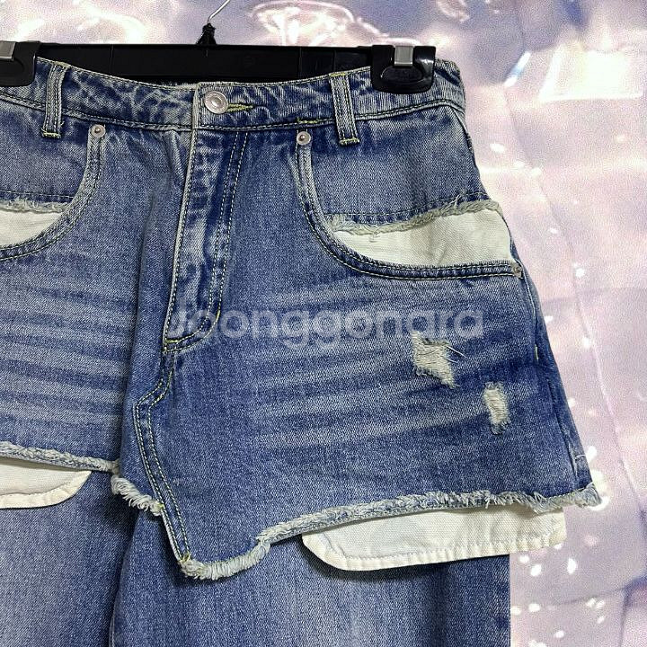 마뗑킴 레이어드 스커트 데님 팬츠 인 블루 S--8