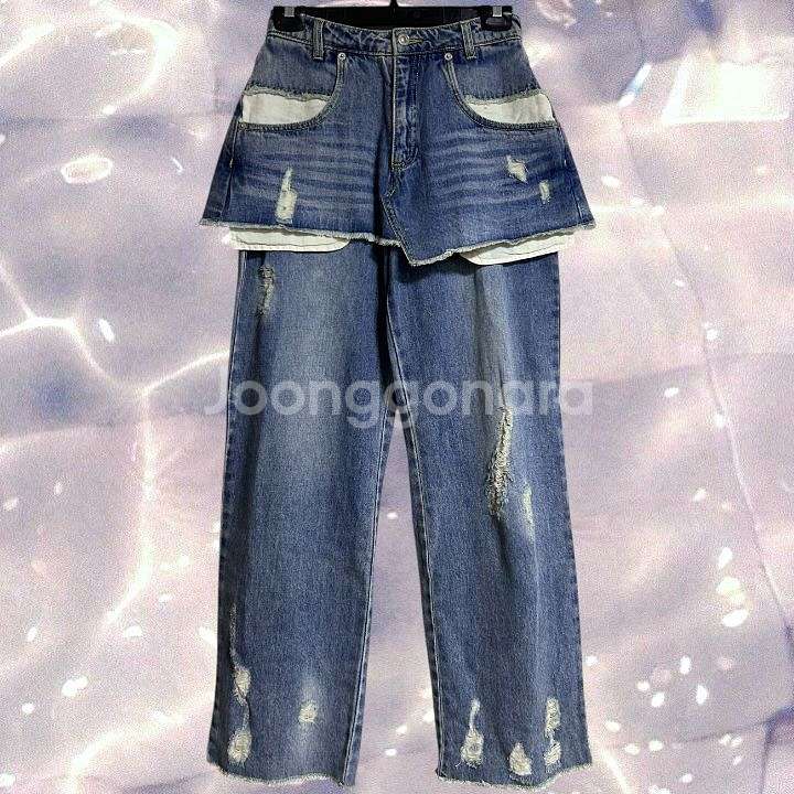 마뗑킴 레이어드 스커트 데님 팬츠 인 블루 S--7