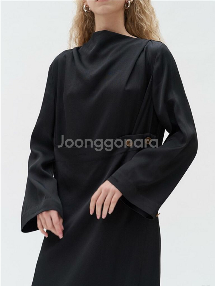 모한 버튼 드레이프 원피스 블랙 롱원피스--3