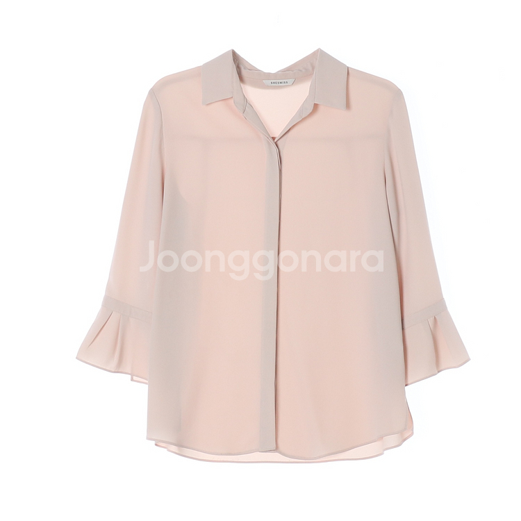[M]쉬즈미스 핑크베이지 러플 소매 쉬폰 셔츠 블라우스--0