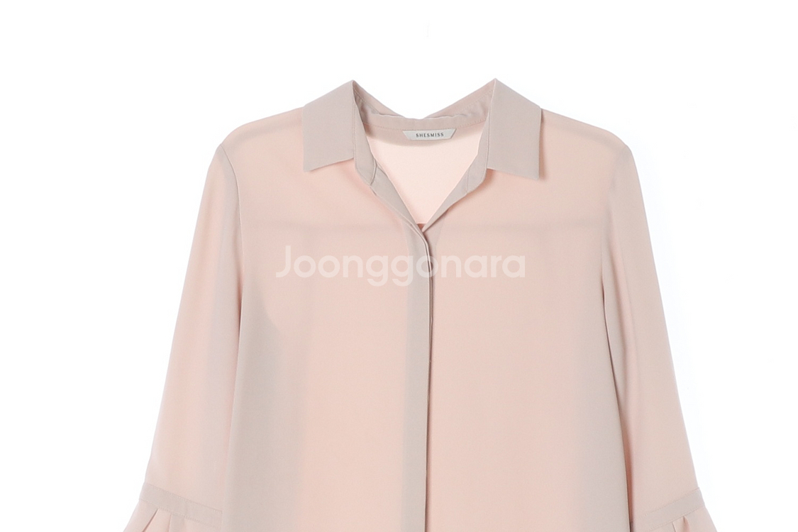 [M]쉬즈미스 핑크베이지 러플 소매 쉬폰 셔츠 블라우스--1