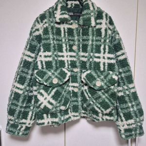 자라 ZARA 부클 자켓 뽀글이 점퍼 그린 크림색 체크
