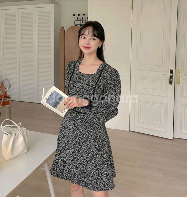 빅사이즈 스퀘어넥 배색 원피스 블랙--6