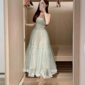 (시착상품) 미엘르 캉캉 프릴끈나시원피스 오간자 휴양지