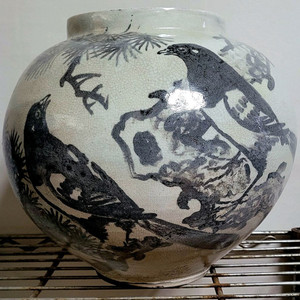 진품 명품 도예 무명작 철화백자 송작문 대호 항아리