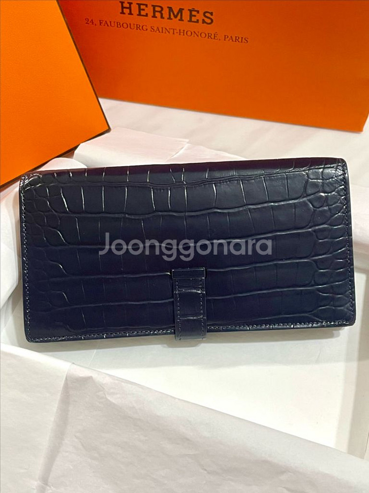 23년식 에르메스 악어 베안 와니 장지갑 딥네이비 은장--5