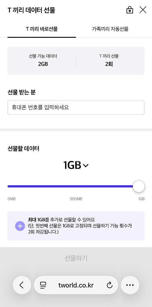 SK T끼리 데이터 선물 2기가--0
