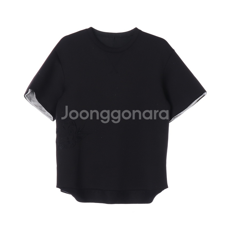 [S]시스템 린넨 블랙 자수 오버핏 반팔 레이어드 티셔--0