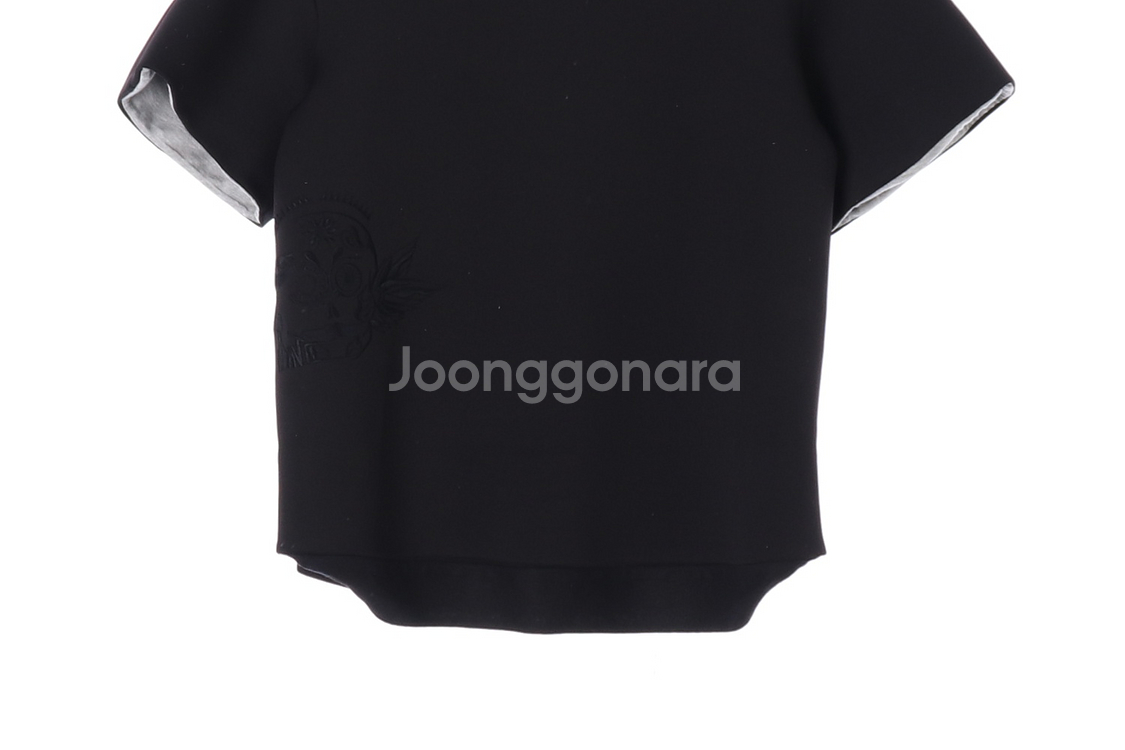 [S]시스템 린넨 블랙 자수 오버핏 반팔 레이어드 티셔--2